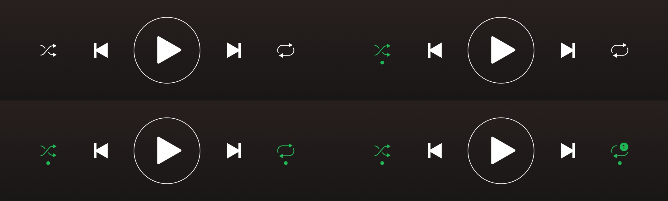 Different states of the shuffle and repeat button